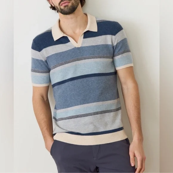 Marine Layer Liam Sweater Polo in Blue Multi Striped Shirt - Picture 1 of 8
